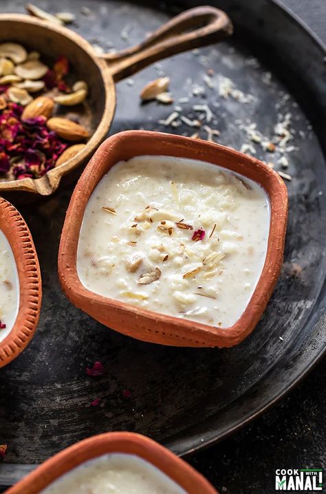 Rice Kheer (Indian Rice Pudding) - Cook With Manali Indian Rice Pudding, Rice Kheer, Rice Desserts, Kheer Recipe, Indian Rice, Gluten Free Desserts Recipes, Indian Dessert Recipes, Indian Sweet, Indian Desserts