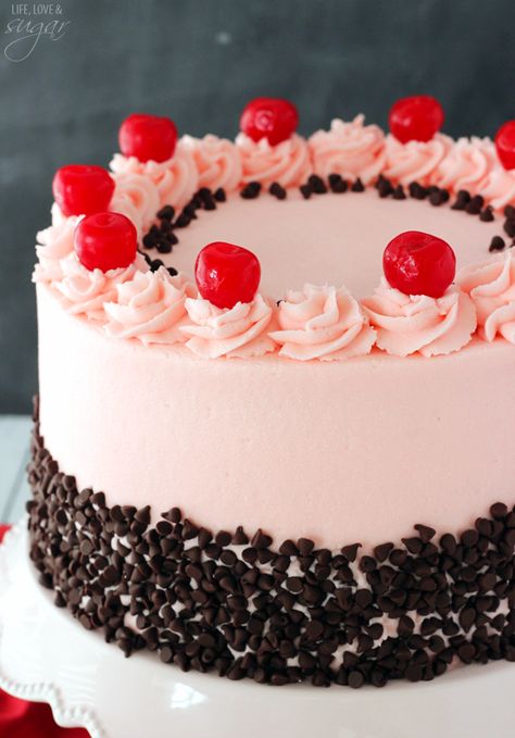 Cherry Chocolate Chip Cake - full of maraschino cherry flavor and mini chocolate chips! Cherry Buttercream, Life Love And Sugar, Mini Torte, Cherry Chocolate, Pink Birthday Cakes, Chocolate Chip Cake, Cherry Cake, Best Cake Recipes, Birthday Cake Recipe