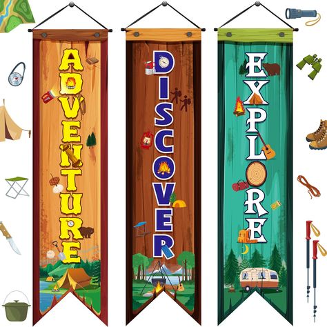 PRICES MAY VARY. Camping Themed Classroom Decorations: the happy camper classroom decorations include 3pcs camper banners in 3 different styles, enough quantity and abundant styles to meet your decoration or replacement needs, adding style and beauty to your classroom Camper Inspirational Theme: these camper motivational words classroom decorations are designed related to camper, printed with patterns of rv, forests, animals, mountains, respectively printed with [Adventure], [Discover], [Explore Great Outdoors Classroom Door, Camping Themed Party Decorations, Camper Porch, Camping Party Decorations, Camp Themes, Camping Theme Birthday Party, Campfire Party, Camping Theme Birthday, Camping Theme Classroom