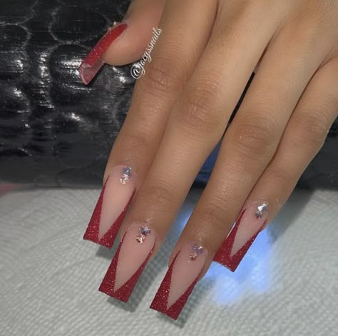 Red Nails Mid Length, Nails Inspo For Red Dress, Red V Shape French Tip Nails, Red Tapered Square Nails Medium, Red Prom Heels Sparkle, Black Rhinestone Nails Short, Nail Inspo For Red Prom Dress, Red And Black Nails For Quinceanera, Red Acrylic Nails Designs Prom