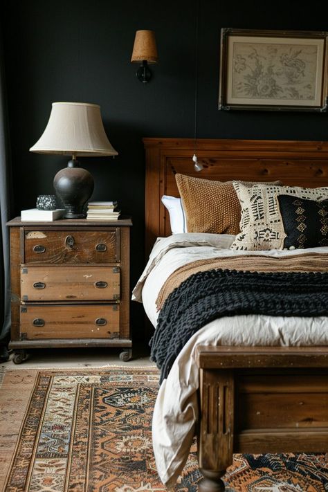 A masculine boho bedroom design is a great choice for achieving a rustic and modern mix, but it’s not that easy. Southwestern Bedroom Decor Ideas, Masculine Cozy Bedroom, Bedroom Decor Wood Furniture, Modern Cowboy Bedroom, Neutral Masculine Bedroom, Masculine Cottage Bedroom, Vintage Cottagecore Aesthetic Bedroom, Black Bedding Boho Bedroom, Cozy Navy Bedroom