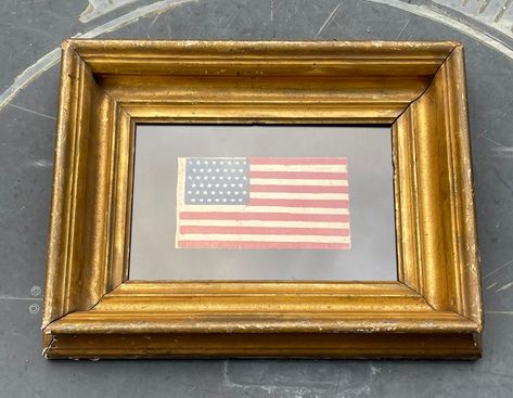 "Check us out in 7/22 issue of Country Living magazine Where we are featured for our amazing vintage and antique flag collection. Very nice and scarce antique flag Professionally framed in this incredible antique gilt American frame. We recently acquired this from a private collection in the mid west. Flag is about 8\"x5\" Frame is about 18\"x15\" FF45E95 The 45-Star Flag: This Flag became the Official United States Flag on July 4th, 1896. A star was added for the admission of Utah on January 4t Framed American Flag Vintage, American Flag Room Decor, American Flag Room, Framed American Flag, Grover Cleveland, William Mckinley, Star Flag, American Flag Decor, Leaf Frame