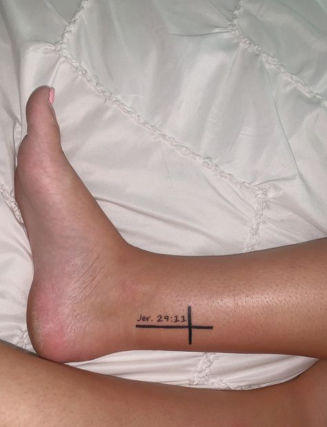 Cross ankle tattoo with Bible verse next to it small. Credit @mand14y Tattoo With Bible Verse, Cross Ankle Tattoo, Ankle Tattoo Cross, Collar Bone Tattoo Small, Bible Verse Tattoo, Small Cross Tattoos, Scripture Tattoos, Collarbone Tattoo, Bible Verse Tattoos