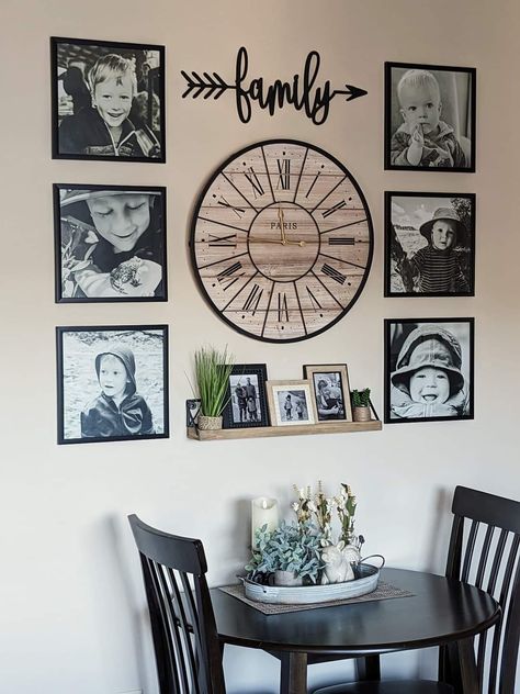 Gallery Wall With Round Mirror In Center, Clock And Picture Wall Layout, Gallery Wall With Clock, Wall Collage With Clock, Clock Gallery Wall, Wall With Clock, Picture Wall Layout, Gallery Wall Clock, Picture Wall Ideas