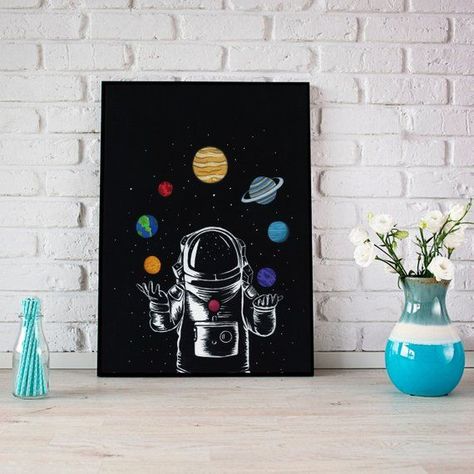 Astronaut Watercolor, Space Prints, Planet Painting, Black Canvas Art, Space Drawings, Astronaut Art, Space Painting, Space Bedroom, Small Canvas Paintings