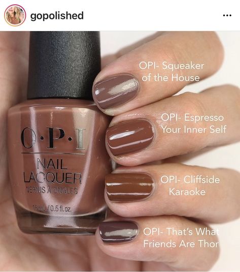 Opi Caramel Color, Brown Opi Colors, Opi Brown Nail Polish Shades, Brown Nail Paint, Opi Brown Nail Polish, November Nails Colors, Mocha Brown Hair, Nail Polish Combinations, Spice Nails