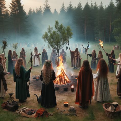 A pagan ritual in a clearing, with participants dressed in traditional robes, celebrating nature with a bonfire. Pagan Fall Traditions, Pagan Aesthetic Nature, Celtic Rituals, Paganism Aesthetic, Wisdom Aesthetic, Yule Solstice, Celtic Aesthetic, Pagan Celebrations, Dark Witchcraft