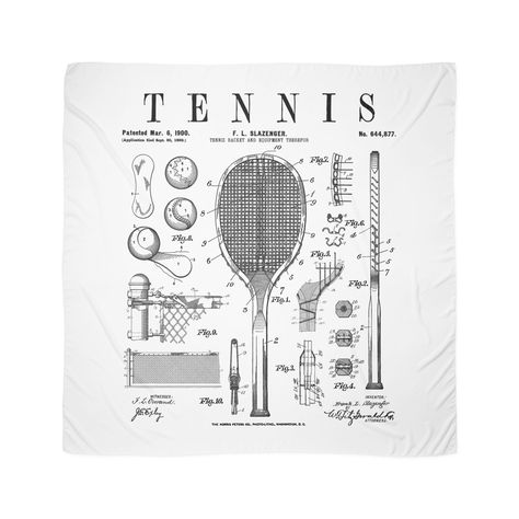 Microfiber polyester silky scarf with a slightly transparent effect. Vivid one side print, visible on the reverse. Ready for practice and the court. Unique retro blueprint patent application diagram of tennis racket, ball and net design. Fun tennis player, team, coach and fan gifts and funny gift ideas for players, fans, teams and coaches. Tennis Racket Art, Patent Application, Net Design, Funny Gift Ideas, Tennis Team, Graphic Trends, Vintage Tennis, Patent Drawing, Tennis Balls