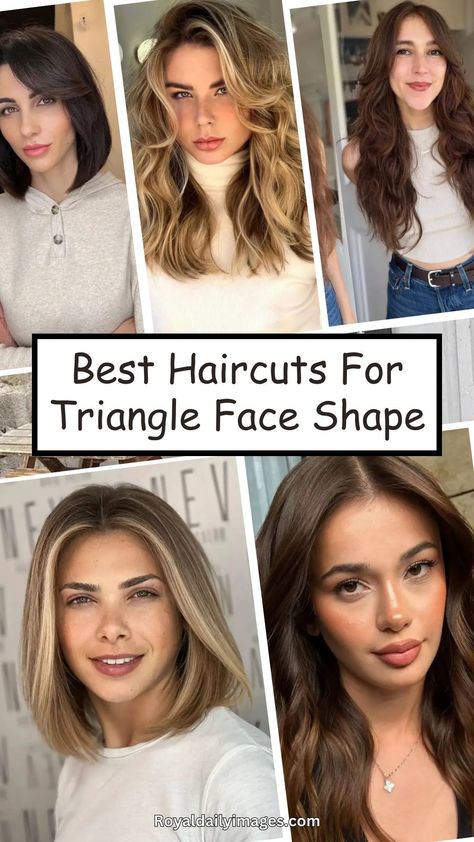 Haircuts For Triangle Face Shape Hair Around Face Shaping, Haircut For Triangle Face For Women, Inverted Triangle Hairstyles Haircuts, Hair For Inverted Triangle Face Shape, Haircut Ideas For Diamond Shaped Face, Inverted Triangle Haircut For Women, Short Hair Inverted Triangle Face, Short Hair For Triangle Face Shape, A Triangle Face Shape Hairstyles