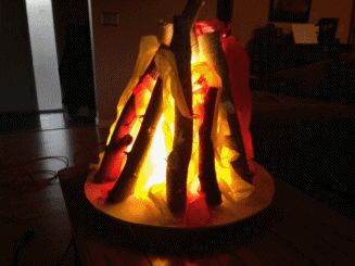 Imitation / Fake Campfire for those indoor camp outs.  Made from 1/2-plywood, Lamp shade, logs, and Bright white 25w CFL (800+ Lumens). Shrek Props, Campfire Diy, Camping Vbs, Fake Campfire, Camp Vbs, Dance Decor, Fake Fire, Roast Marshmallows, Amazon List