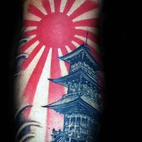 Japanese Sun Tattoo, Japanese Temple Tattoo, Rising Sun Tattoos, Japanese Tattoo Women, Japanese Sun, Temple Tattoo, Elements Tattoo, Japanese Dragon Tattoos, Japanese Temple