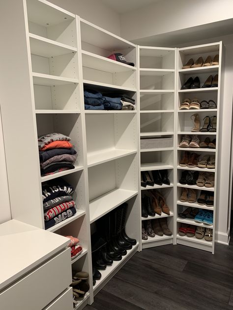 IKEA Billy bookcase closet Billy Bookcase Shoe Rack, Billy Bookcase Master Closet, Billy Bookcase Styling Bedroom, Closet With Billy Bookcase, Billy Ikea Closet, Billy Bookshelf Closet, Ikea Billy Bookcase Wardrobe Hack, Ikea Billy Bookcase Closet Hack, Billy Bookcase Closet Ideas