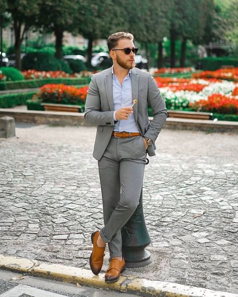 How to Wear a Suit Without a Tie: Men's Style Guide • Styles of Man Suit No Tie, Suit Without Tie, Grey Check Suit, Charcoal Gray Suit, Suit Combinations, Light Blue Dress Shirt, Charcoal Suit, Light Grey Suits, Tan Suit