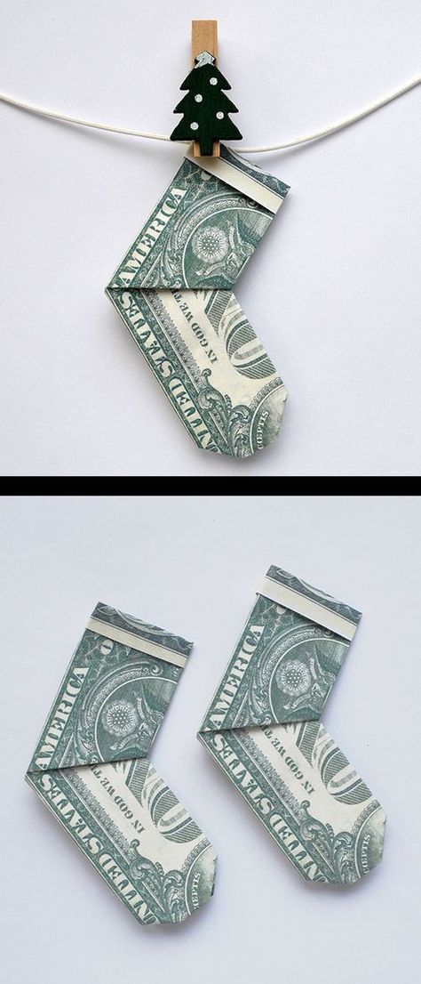 How To Fold Money For Gifts Christmas, Christmas Dollar Origami, Dollar Bill Origami Christmas, Folding A Dollar Bill, Origami With Money Easy, Origami Out Of Money, Money Folding Ideas Christmas, Christmas Money Origami Easy, How To Fold Money For Gifts Easy