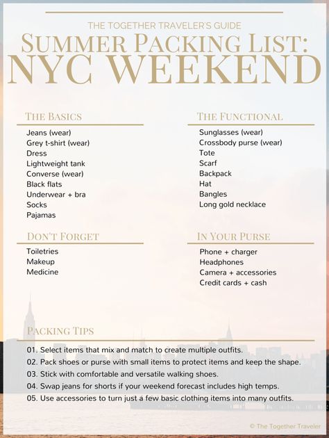 NYC Summer Weekend Packing Guide  - Everything you need to pack for a summer weekend in new york city plus tips for packing and an itinerary Weekend In New York City, Weekend Packing List, Weekend In New York, Nyc Vacation, Summer Packing Lists, Summer In Nyc, Weekend Packing, Weekend In Nyc, New York City Vacation