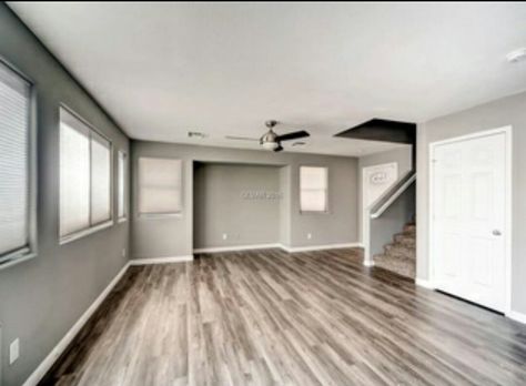 Perfect colors gray walls, mixed medium wood floors, white trim. Wood Floors White Trim, Medium Wood Floors, Condo Upgrades, Mid Century Modern Living Room Decor, Condo Inspiration, Ireland Houses, Color Floor, Gray Walls, Condo Ideas