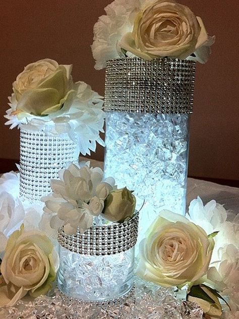 Vintage Hollywood Bridal Shower | Hollywood Regency or Old Hollywood style wedding or bridal shower ... Vase With Diamonds Inside, High End Centerpiece, Purple And Silver Table Centerpieces, Tafel Decor, Vase With Lights, Centre Pieces, Anniversary Parties, Decoration Table, Quince