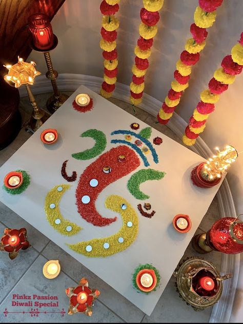 Diwali Posts, Diwali Inspiration, Ganesh Rangoli, Diwali Crafts, Birthday Room Decorations, Ganapati Decoration, Diwali Decoration Items, Diwali Decorations At Home, Grand Entryway