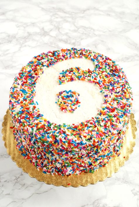 Stenciled Sprinkle Cake | Endlessly Inspired Homemade Stencils, Anti Gravity Cake, 4de Verjaardag, Sprinkles Birthday Cake, 6th Birthday Cakes, Gravity Cake, Store Bought Cake, Sprinkle Cake, Rainbow Sprinkles