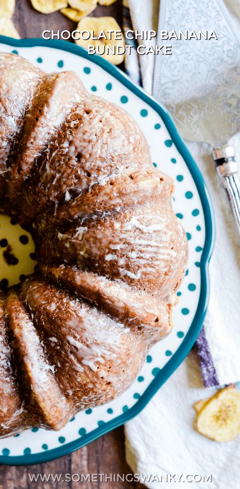 Chocolate Chip Banana Bundt Cake Recipe - Something Swanky Bundt Cake Glaze, Cake Glaze, Banana Bundt Cake, Banana Bundt, Glaze For Cake, Lemon Bars Recipe, Blueberry French Toast, Chocolate Chip Banana, Overnight Blueberry French Toast