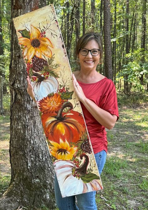 Handpainted 4 Foot Tall Porch Leaner. Reversible for Fall and Christmas. - Etsy Painted Wood Pieces, Thanksgiving Porch Leaner, Halloween And Fall Decorations Together, Fall Door Signs Front Porches, Paintings On Wood Boards, Christmas Art Painting Acrylic, Fall Porch Leaners, Fall Porch Signs, Door Leaners