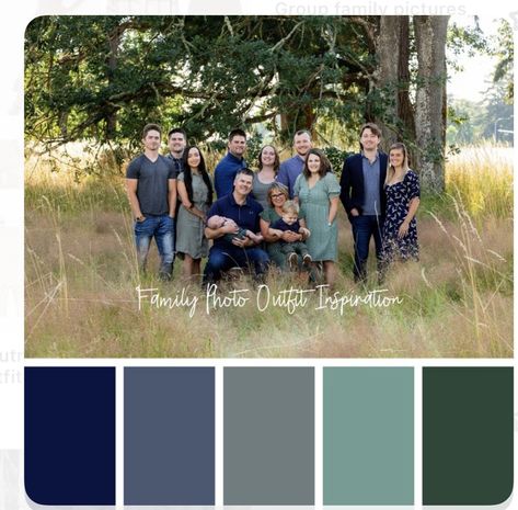 Family Photo Outfits Blue Color Combos, Shades Of Blue Family Photos, Color Palette With Navy Blue, Color Palette With Navy, Family Photo Color Palette, Photo Color Palette, Group Family Pictures, Matching Ideas, Family Photo Colors