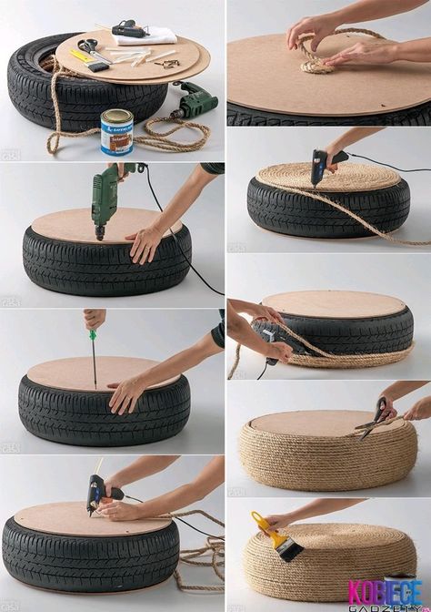 I love this. Old tire surely headed for the landfill is repurposed as an ottoman, very chic. Kursi Ban, Diy Tire, Diy Para A Casa, Tire Furniture, Diy Wedding Centerpieces, Diy Muebles Ideas, Diy Ottoman, Diy Cushions, Diy Furniture Decor