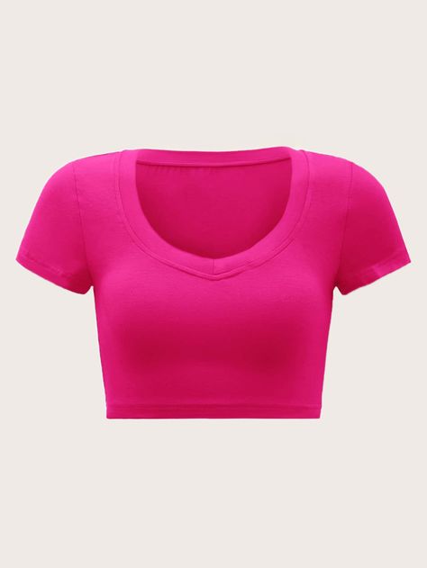 Hot Pink Casual Collar Cap Sleeve Fabric Plain  Embellished Slight Stretch Summer Women Clothing Y2k Shirts, Preppy Tops, Hot Pink Shirt, Preppy Shirt, Hot Pink Tops, Cute Preppy Outfits, Pink Crop Top, Cute Crop Tops, Pink Outfits