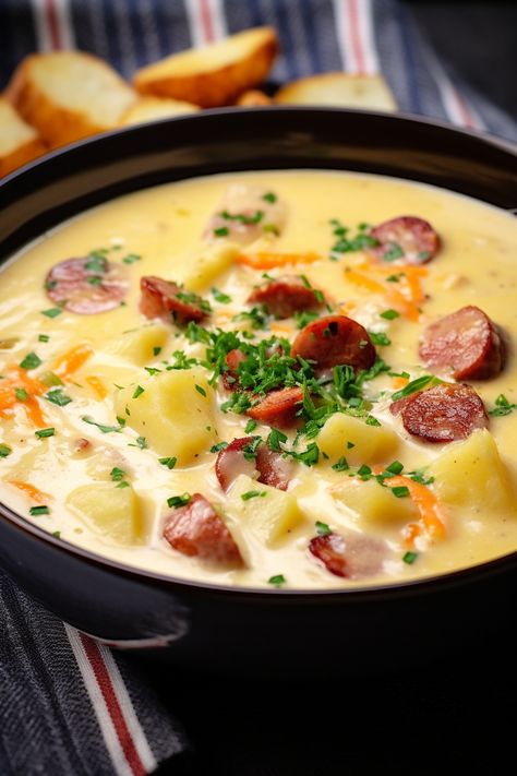 Indulge in the ultimate comfort with Kielbasa Potato Soup – a hearty Polish delight ready in just 40 minutes. Creamy, cheesy, and oh-so-satisfying! Potato And Andouille Sausage Soup, Potato Soup Kielbasa, Polish Potato Soup Recipes, Cheese Sausage Potato Soup, Queso Potato Soup, Bratwurst Potato Soup, Polish Sausage And Potato Soup, Kabasa Potatoe Soup, Cheesy Kielbasa Soup