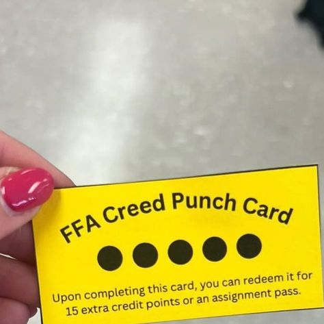 Ag Teacher Classrooms on Instagram: "@agwith_mrsjackson loves teaching the FFA Creed. She teaches one paragraph per week and implements this punch card. Each week there is a “Creed Day” - students get a punch for reciting that paragraph. After completing all their punches, they can receive extra credit. She normally wraps up the FFA Creed with “A Day in the Life of EM Tiffany” which is on TpT." Ffa Team Building Activities, Ag Teacher Classroom Ideas, National Ffa Week, Ffa Classroom, Ffa Teacher, Ffa Creed, Agriculture Education Classroom, Ffa Week, Ag Classroom