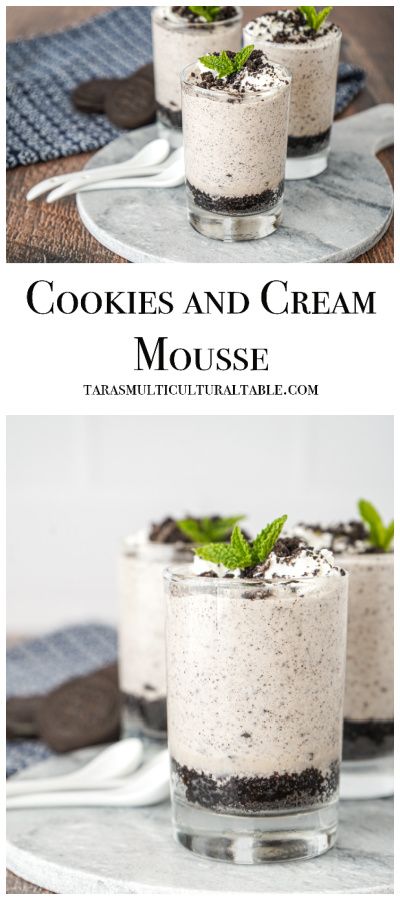 Cookies and Cream Mousse in three small glasses with whipped cream and mint. Cookies And Cream Mousse Recipe, Cookies And Cream Mousse, Cookie Parfait, Oatmeal Flavors, Simple Desserts, Cooking Cream, Mousse Dessert, Make Ahead Desserts, Banana Dessert