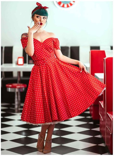 Retro Red Dress, Rock N Roll Dress, Vestidos Pin Up, Dresses Images, Rockabilly Dresses, Glam Wedding Dress, Party Dress Classy, Vestidos Retro, Bardot Style