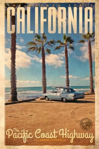 size: 12x8in Photo: Vintage travel Poster or advertisement from San Onofre Beach on Highway 1 in California : Vintage Surf Aesthetic, San Onofre Beach, San Onofre, Surf Aesthetic, California Postcard, Vintage Wallpapers, California Poster, Summer Poster, Highway 1