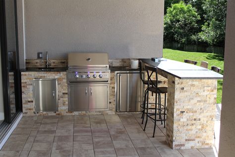 Backyard Built In Bbq Ideas, Decks With Kitchens, Lanai Grill Ideas, Outdoor Built In Grill Ideas, Back Porch Ideas With Grill, Outdoor Lanai Kitchen Ideas, Outdoor Kitchen Next To House, Outdoor Kitchen Kegerator, Outside Kitchen Ideas Covered Patios