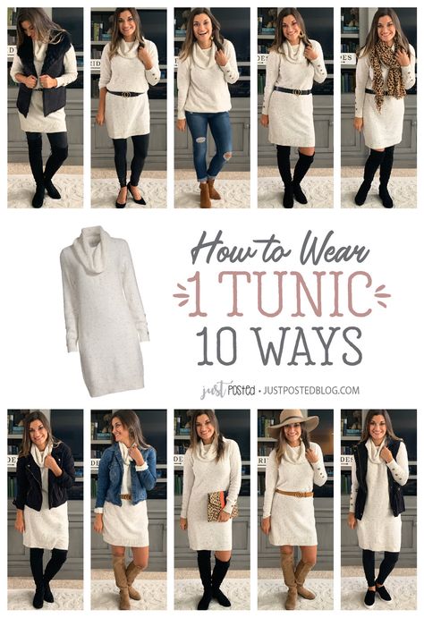 How to Wear 1 Tunic 10 Ways – Just Posted Tunic Work Outfit, Tunic Style Outfits, How To Wear A Tunic Top, How To Wear Dresses In Winter, Tunic Outfit Fall, Tunic Dress Outfit, Tunic Tops Outfit, Match Outfits, Zooey Deschanel