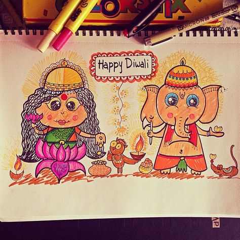 Laxmi Ganesh Drawing, Laxmi Illustration, Laxmi And Ganesh Ji, Drawing For Diwali, Ganesh Ji Drawing, Ganesh Drawing, Laxmi Ganesh, Diwali Drawing, Diwali Cards