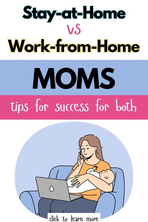 A Pinterest pin comparing the life of a stay-at-home mom and a work-from-home mom. The image highlights the pros and cons of each, offering tips and personal stories to help moms navigate their parenting journey. Mom Of Three, Stay At Home Moms, Tips For Success, Being A Mom, Work From Home Opportunities, Flexible Working, Stay At Home Mom, Real Life Stories, Juggling