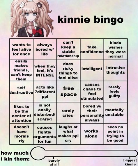 credit if you use ! sorry this one was hard for obvious reasons but uhhh i tried? requested by @Littlecrxbaby thank youuu xoxo Hiyoko Kinnie Bingo, Junko Kinnie Bingo, Danganronpa Bingo Kin, Junko Enoshima Kinnie, Junko Enoshima Kinnie Bingo, Misa Amane Kinnie Bingo, Every Kin List Got The, Junko Kinnie, Danganronpa Kinnie Bingo