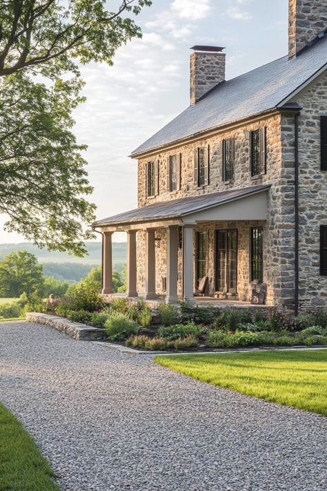 Modern colonial stone Pennsylvania farmhouse. Get inspired by classic and charming colonial houses that blend historical elegance with modern convenience. Stone House Porch, Colonial Building Facade, Cap Cod Exterior Remodel, Colonial New Build, Colonial Back Porch, Charming Farmhouse Exterior, Rear Of House Exterior, Pennsylvania Stone Farmhouse, Single Story Stone House