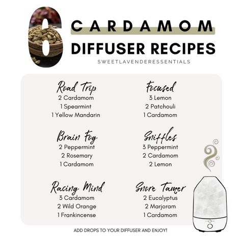 Cardamom Essential Oil Diffuser Blends, Cardamom Essential Oil Blends, Cardamom Diffuser Blends, Essential Oil Spray Recipes, Cardamom Essential Oil, Eo Blends, Mother's Day Promotion, Essential Oil Combinations, Essential Oil Diffuser Blends Recipes