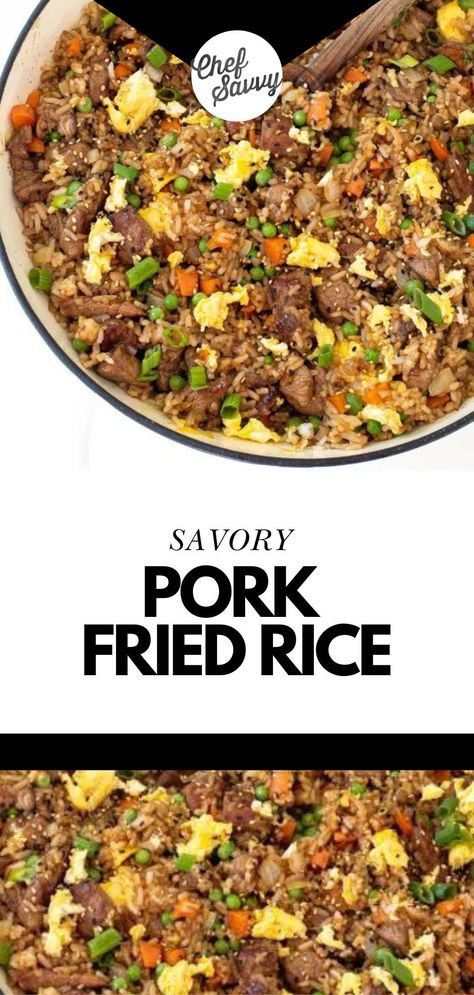 Save this recipe for The Best Easy Pork Fried Rice! This Pork Fried Rice is a savory, stir-fried rice recipe that is loaded with tender pork, fluffy rice, vegetables, and scrambled eggs, making it a balanced and satisfying meal! Skip the takeout and make this easy recipe at home! Follow Chef Savvy for more Healthy Family Friendly Recipes! Quick Pork Chop Marinade, Pork Fried Rice Easy, Stir Fried Rice Recipe, Pork Fried Rice Recipe, Pork Stir Fry Recipes, Chef Savvy, Fried Rice Recipe Easy, Ground Pork Recipes, Pork Recipes For Dinner