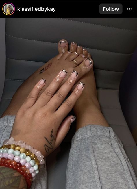 Matching Feet And Nails, Acrylic Nail And Toes Matching Ideas, Matching Toe And Nail Set, Matching French Tip Nails And Toes, Short Acrylic Nails And Toes Matching, Hand And Toe Nails Matching, Hands And Toes Nails Matching, Doe Nails, Short Nails Charms