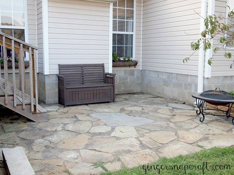 Hometalk | DIY Rock Patio Diy Rock Patio, Concrete Patio Diy, Rock Patio, Diy Concrete Patio, Concrete Bar, Back Yards, Concrete Patios, Rustic Patio, Stone Patio