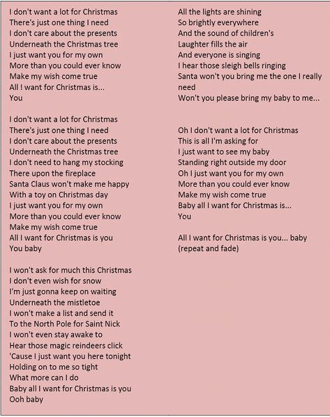 "All I Want for Christmas Is You" lyrics All I Want For Christmas Is You Lyrics, All I Want For Christmas Is You, Christmas Carols Lyrics, Christmas Carols Songs, Snuggle Bear, Christmas Songs Lyrics, Xmas Games, Christmas Lyrics, Christmas Lesson