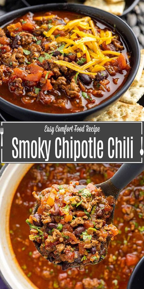 Smoky chipotle chili is a simple combination peppers and spices that come together to make a delicious chili that has plenty of heat without being mouth-scorching hot. This easy chili recipe uses chipotles peppers, chipotle chili powder, and hot smoked paprika to give you a chili full of smoky heat packs a punch but isn’t mouth-scorching. This is the BEST chili recipe with lots of heat that smolders in your mouth. Interesting Chili Recipes, Chipotle Chili Recipe, Spicy Chili Recipe, Smoked Chili, Best Easy Dinner Recipes, Chipotle Chili Powder, Chipotle Peppers, Best Chili Recipe, Chili Recipe Crockpot