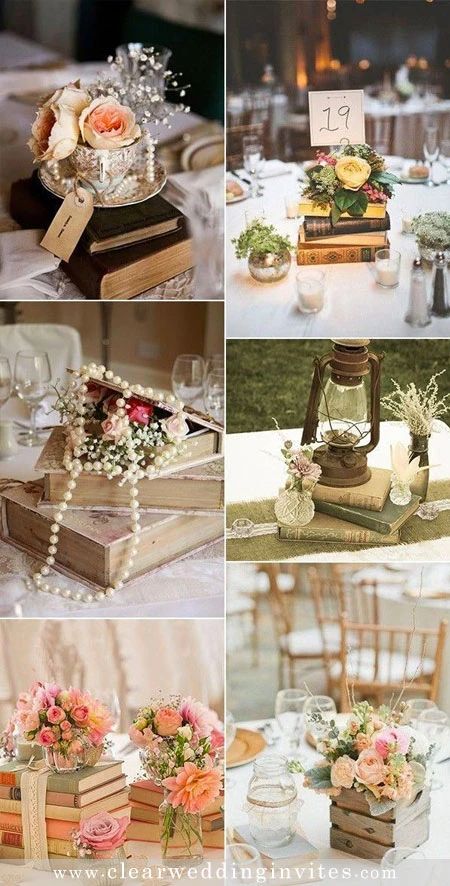 Book Centrepiece Wedding, Fall Wedding Centerpiece Ideas, Vintage Book Centerpiece, Book Wedding Centerpieces, Wedding Centerpieces Ideas, Vintage Wedding Centerpieces, Book Themed Party, Book Centerpieces, Wedding Centerpiece Ideas