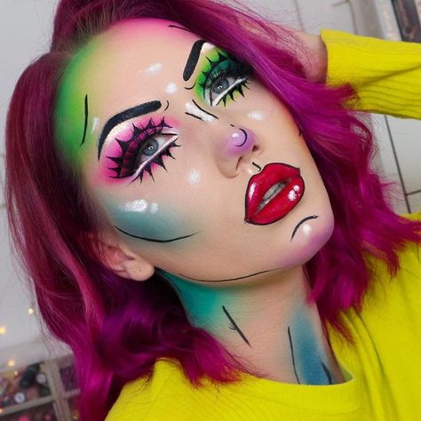 Pride Halloween Costume, Pop Art Face Makeup, Pop Art Makeup Halloween, Pop Art Makeup Looks, Pop Art Photoshoot, Comic Makeup Pop Art, Fun Makeup Looks To Recreate, Cartoon Makeup Looks, Comics Makeup Pop Art