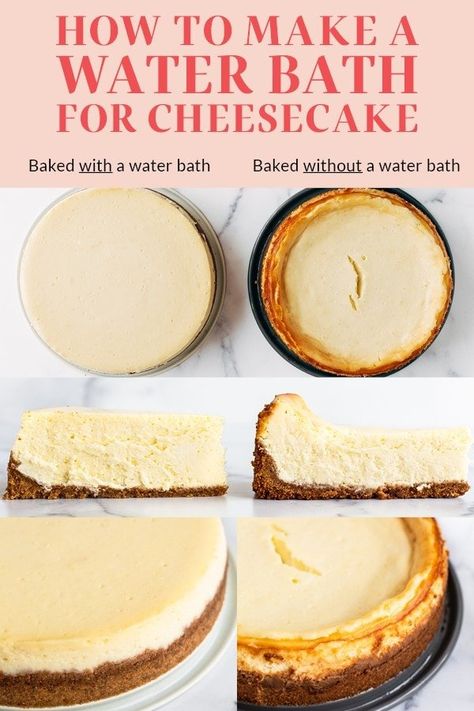 Here's how to make a water bath for baking cheesecake recipes! This is the number one key to perfectly smooth, luscious, and classic creamy cheesecake that bakes evenly and without cracks. Easy step by step tutorial! Water Bath For Cheesecake, Cheesecake Recipe No Water Bath, Cheesecake Water Bath, Ultimate Cookie Recipe, Baking Cheesecake, Cheescake Recipe, Baked Cheesecake Recipe, Classic Cheesecake, Baking Science