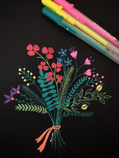 A simple illustration done using Sakura gelly rolls. #floralillustration #wildflowers #gellyrolls #floral #illustration Gelly Roll Art, Gel Pen Art Drawings, Pen Art Doodle, Gel Pen Art, Acrylic Markers, Black Paper Drawing, Flowers Color, Wildflower Bouquet, Floral Illustration