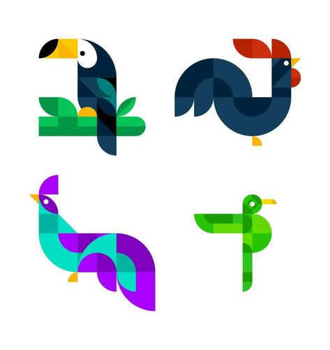 Vector set of birds with simple minimalist geometric shapes. Template of toucan, rooster, pheasant, hummingbird. Colorful mosaic of square, rectangle, circle. Isolated flat abstract illustration Simple Bird Illustration, Abstract Illustration Geometric, Geometric Shapes Illustration, Shapes Template, Bird Mosaic, Shape Illustration, Color Wheel Art, Animal Geometric, Geometric Bird